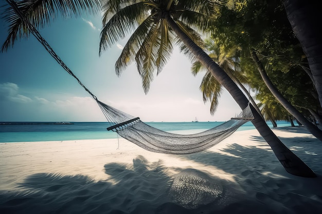 Hamaca romántica y acogedora a la sombra de la palmera en la playa tropical Maldives AI