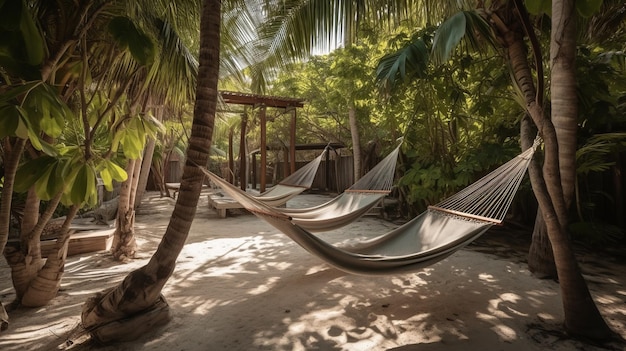 Hamaca a la sombra de palmeras vacaciones tropicales de verano generadas por IA