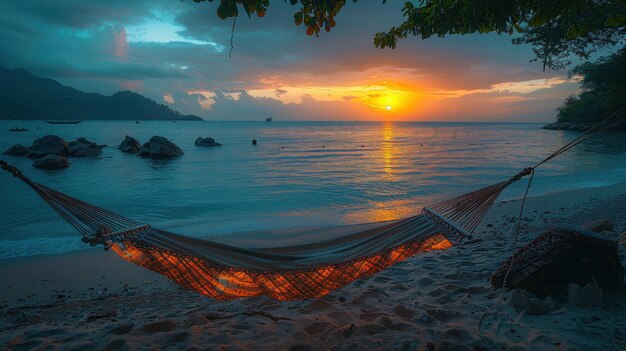 Una hamaca tranquila al atardecer en una playa tropical Fotografía serena con el Nikon Z50