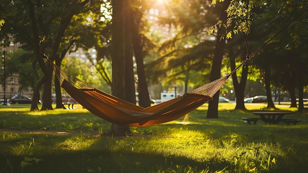 Una hamaca vacía cuelga en un parque en un día soleado la hamaca está rodeada de árboles y hierba