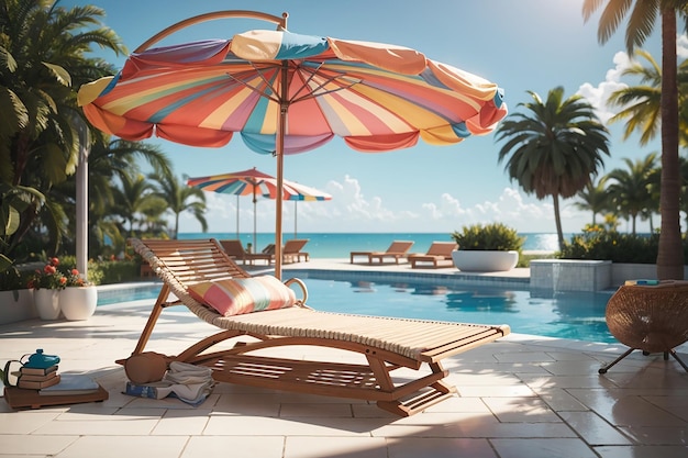 Hamacas y sombrillas colocadas cerca de una gran piscina.