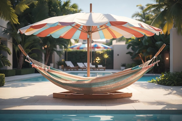 Hamacas y sombrillas colocadas cerca de una gran piscina.