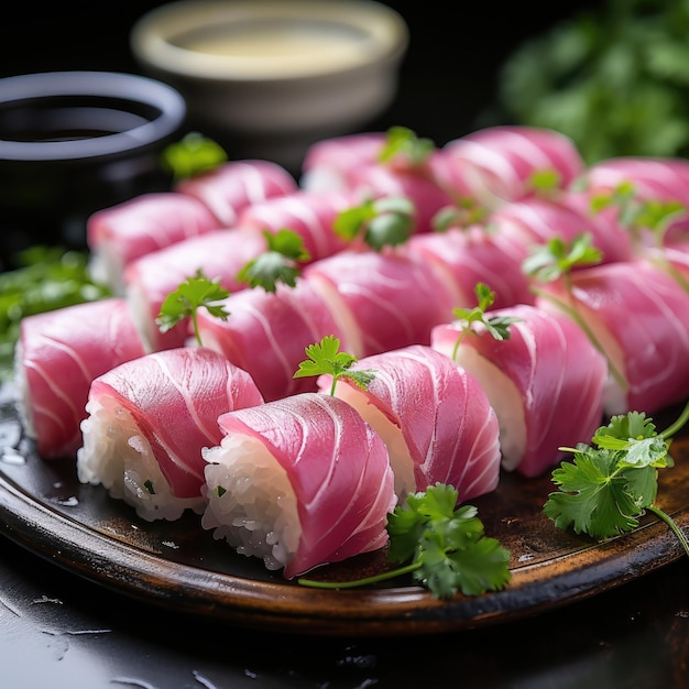 Foto hamachi nigiri nigiri sushi cubierto con rebanadas de pescado de cola amarilla conocido plato japonés