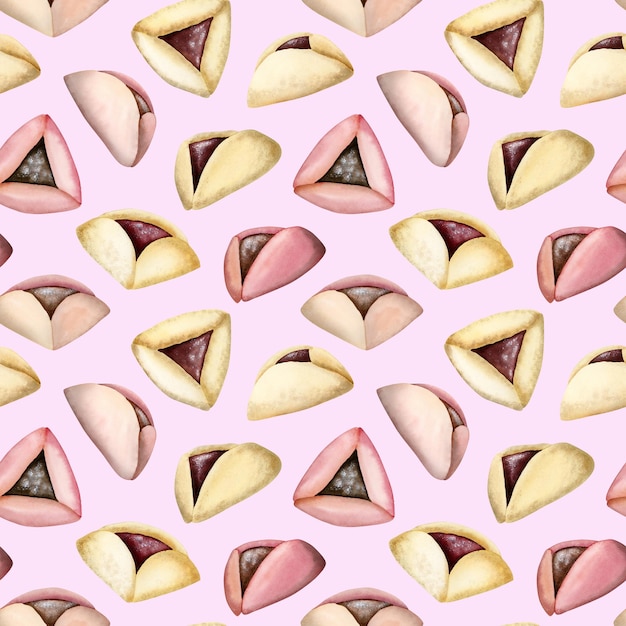 Hamantaschen Purim Kekse nahtloses Muster mit aquarellfarbenen Haman-Ohren auf hellrosa Hintergrund