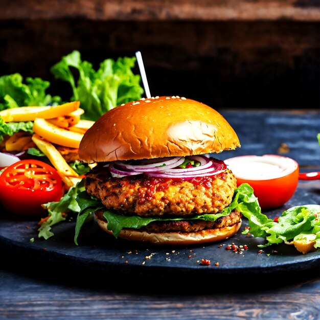 Foto hambre producto jugoso tentación hamburguesa clásica indulgencia carne de lechuga restaurante