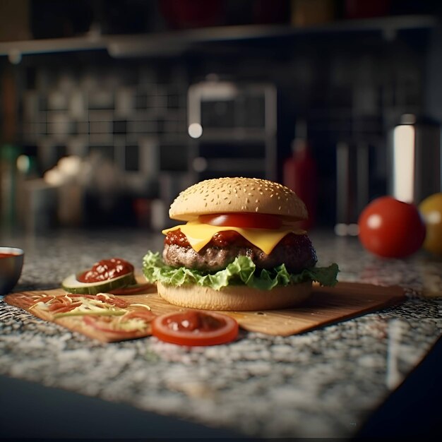 Hamburger auf dem Küchentisch Das Konzept des Fastfood