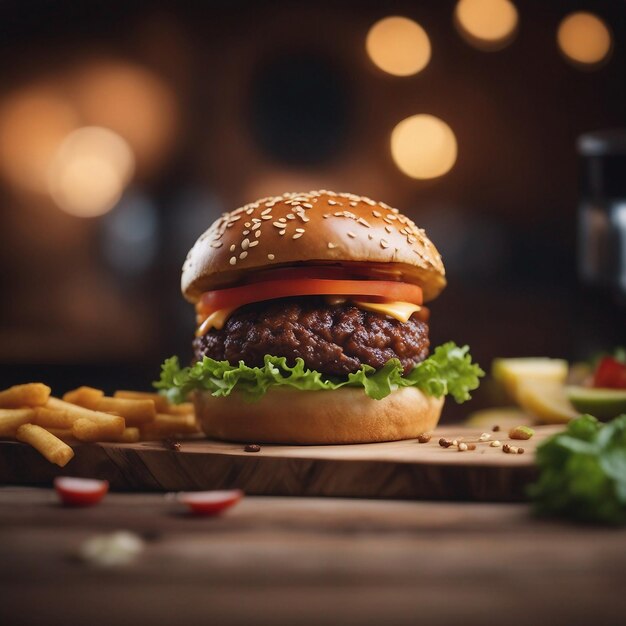 Hamburger auf einem Holztisch mit Pommes frites