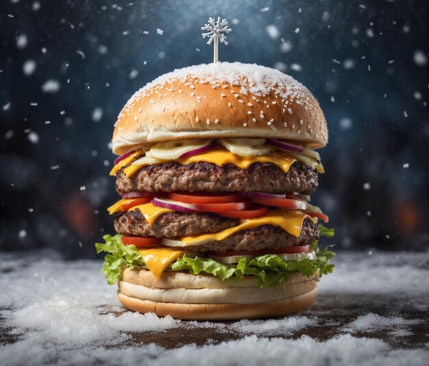 Hamburger auf einem Holztisch mit Schnee und fallenden Schneeflocken