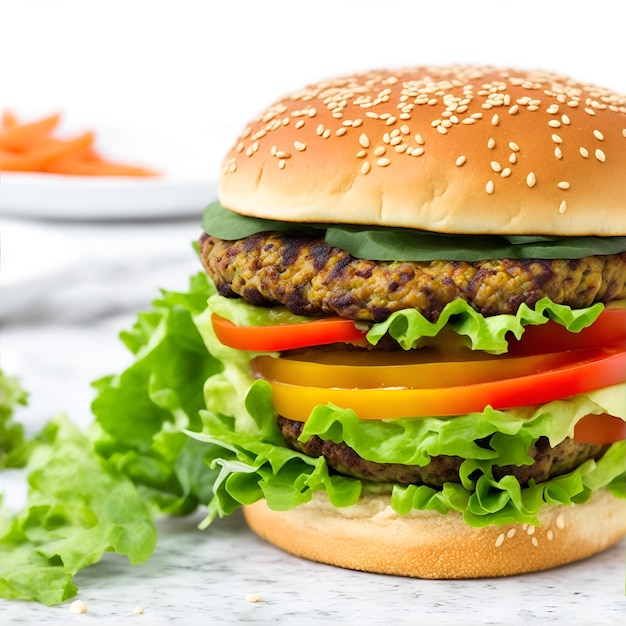 Hamburger auf einem Schneidbrett mit Salat, Tomaten und Zwiebeln