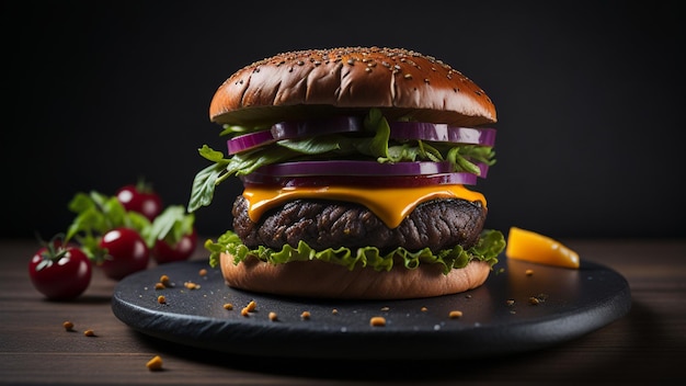 Hamburger auf einem schwarzen Teller auf einem Holztisch mit schwarzem Hintergrund