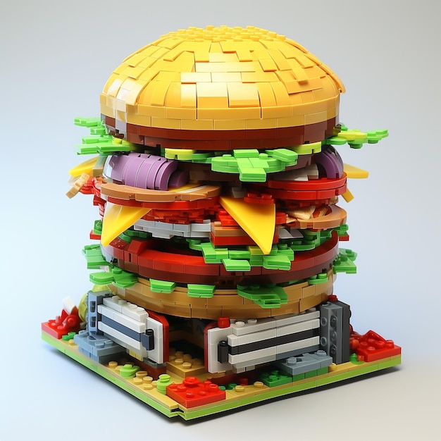 Hamburger aus Legosteinen auf farbigem Hintergrund, Kunststoff-Konzeptfoto, Junkfood