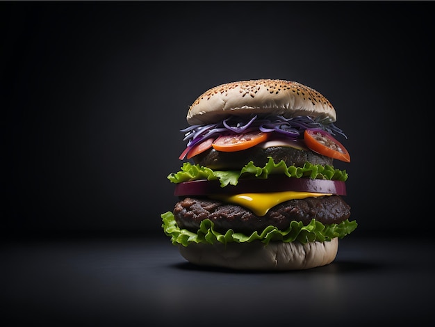 Hamburger-Frontansicht köstlicher Fleischburger mit Käse und Salat auf dunklem Hintergrund Generative KI