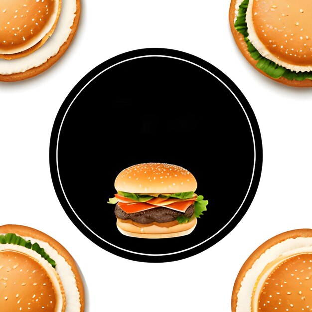 Hamburger-Illustration auf schwarzem Hintergrund und umgeben von Burgern im leeren Hintergrund