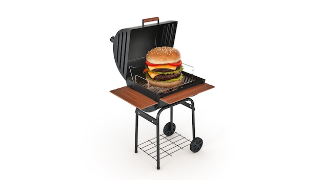 Hamburger kochen auf dem Grill mit Flammen 3D-Rendering