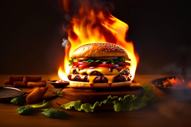 Hamburger mit Feuer mit grünem Latus