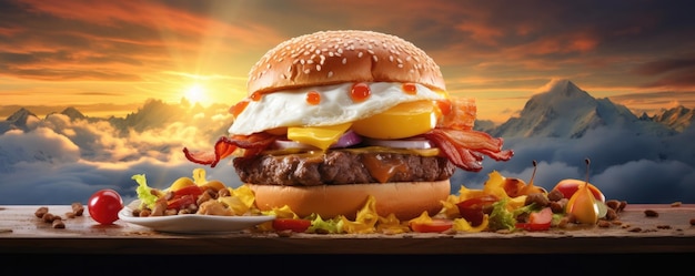 Foto hamburger mit fleisch und gemüse speck und ei innerhalb amerikanischer flagge panorama generative ai