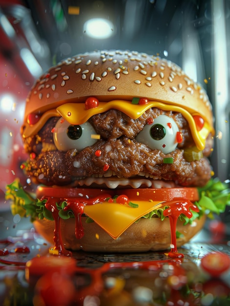 Hamburger mit Google-Augen und Hamburgerbrötchen