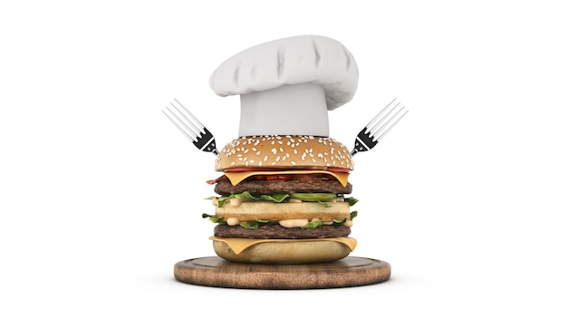 Hamburger mit Hutkoch 3D-Rendering