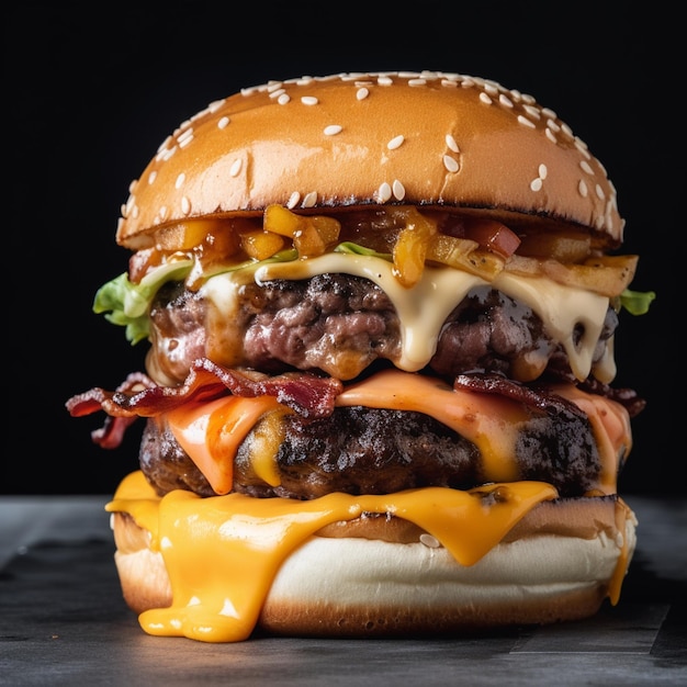 Hamburger mit Käse Close-up von Cheeseburger auf schwarzem Hintergrund