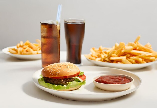 Hamburger mit Käse, Pommes Frites und ein Getränk