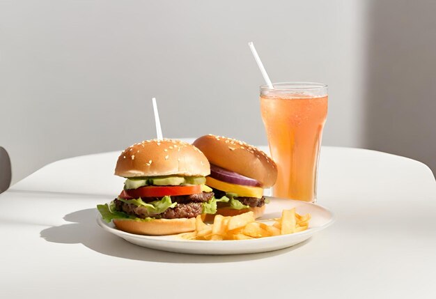 Hamburger mit Käse, Pommes Frites und ein Getränk