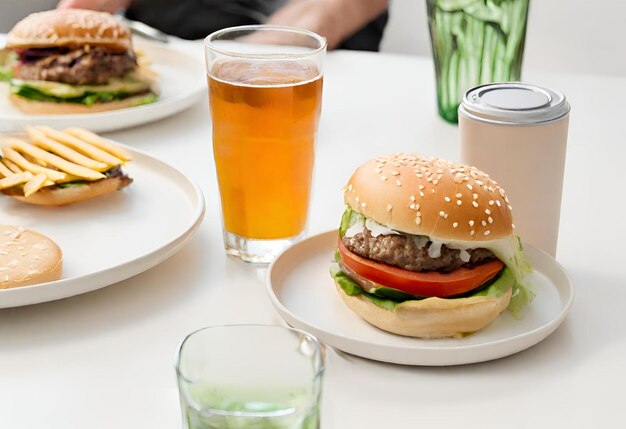 Hamburger mit Käse, Pommes Frites und ein Getränk