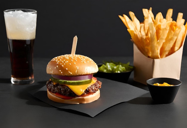 Hamburger mit Käse, Pommes Frites und ein Getränk