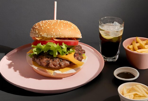 Hamburger mit Käse, Pommes Frites und ein Getränk