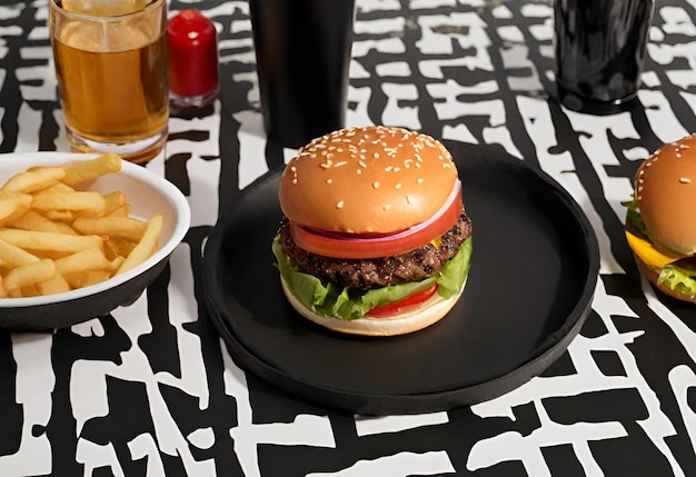 Hamburger mit Käse, Pommes Frites und ein Getränk