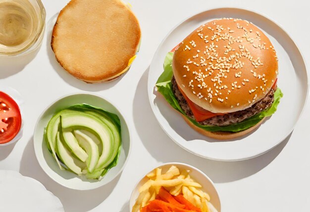 Hamburger mit Käse, Pommes Frites und ein Getränk