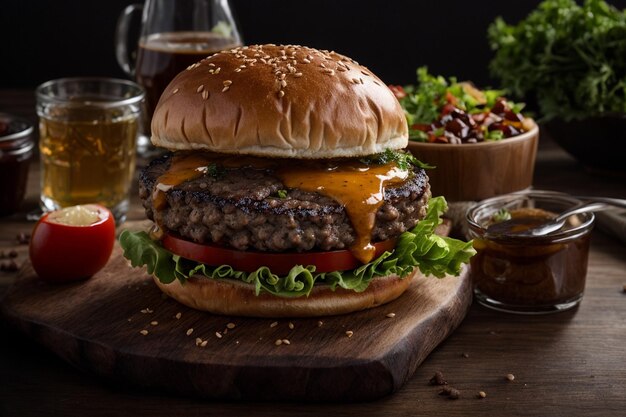 Foto hamburger mit käse, salat und tomaten auf einem holzbrett