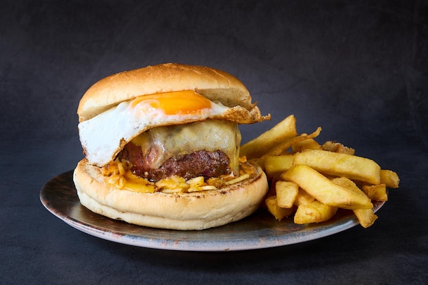 Hamburger mit Pommes Frites auf Tafelhintergrund