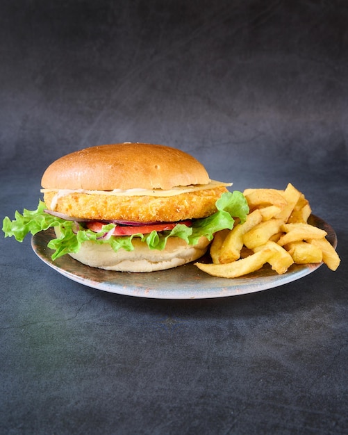 Hamburger mit Pommes Frites auf Tafelhintergrund