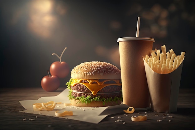 Hamburger mit Pommes Frites und Getränk