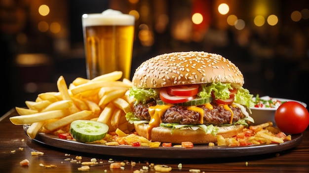 Hamburger mit Pommes Frites und Limonade