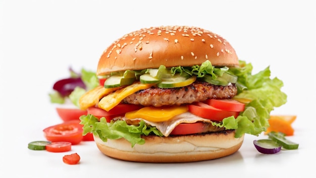 Hamburger mit Rindfleisch, Tomaten, roter Zwiebel und Salat