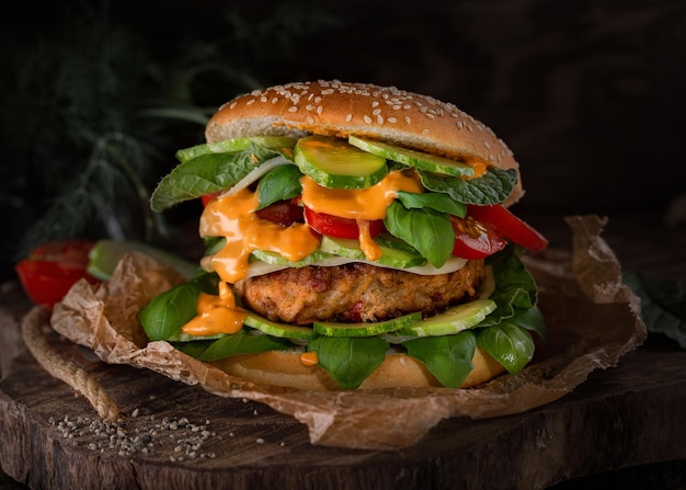 Hamburger mit saftigem Schnitzel halbiert mit Gemüse auf Papier auf einem Holztisch auf dunkelbraunem Hintergrund