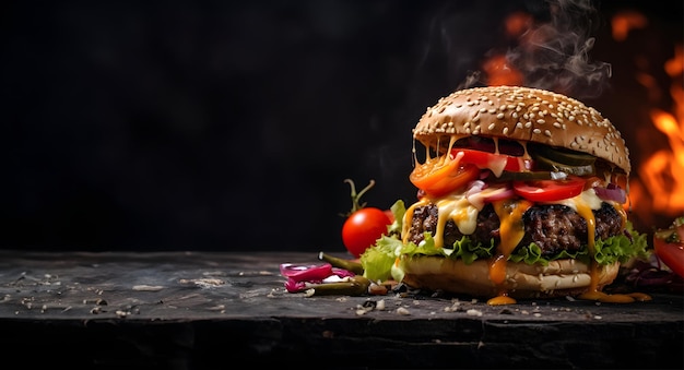 Hamburger mit Soße auf dem dunklen Hintergrund Konzept von Fast-Food-Werbebanner