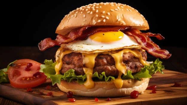 Hamburger mit Speck-Ei und Käse auf Holzgrund