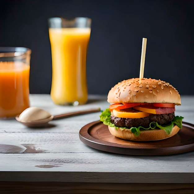 Hamburger neben einem Glas Orangensaft auf einem Tisch