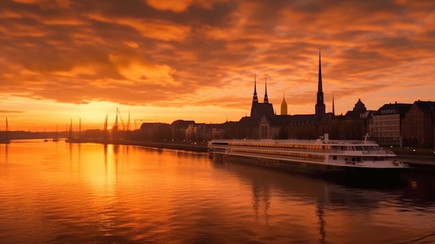 Hamburger Skyline entlang der Elbe bei Sonnenaufgang 8k UHD Generative Ai