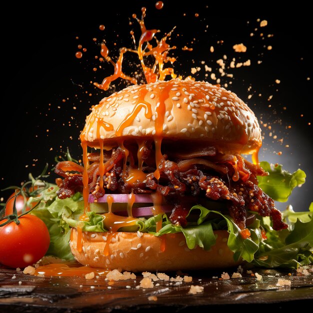 Hamburger-Speck mit zwei Scheiben Fleisch, Tomaten, Zwiebeln, Salat, fliegendes, saftiges Flugzeug, schwarz
