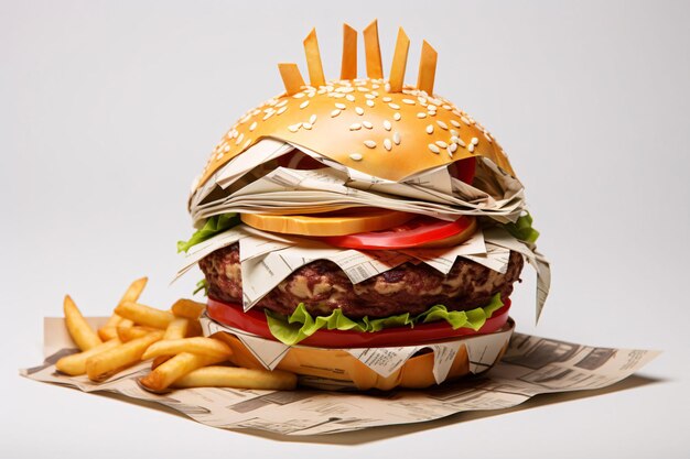 Hamburger und gebratene Kartoffeln aus Papier Werbefotografie Junkfood künstliches Fastfood