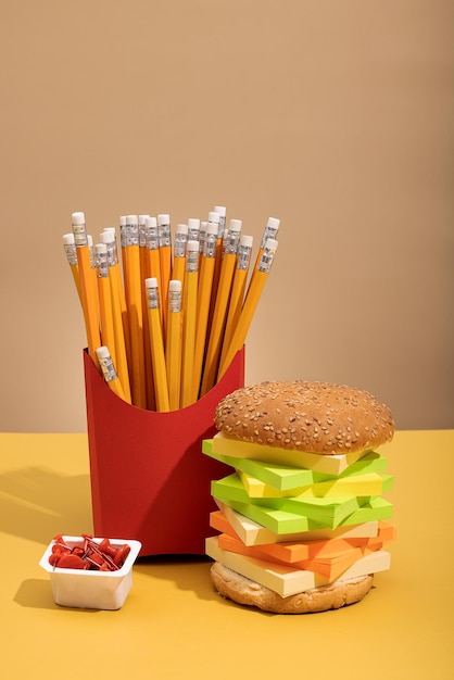 Hamburger und Pommes frites aus Bleistift, Bürobedarf auf farbigem Hintergrund, Konzeptfoto, ungesundes Büroessen, hochwertiges Foto