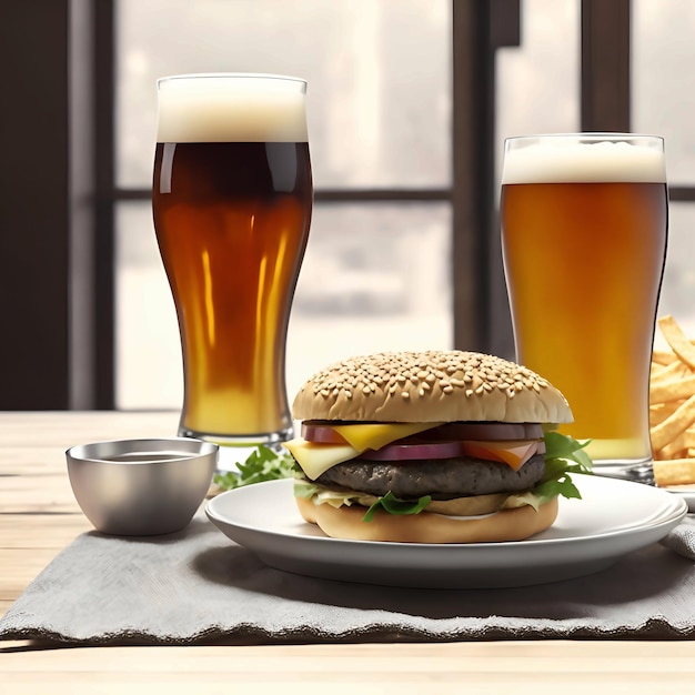 Hamburger und Pommes mit einem Glas Bier