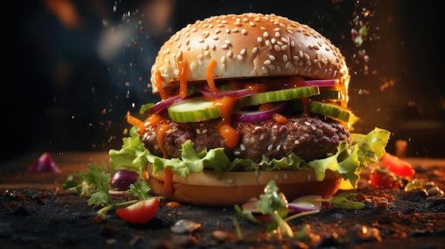 Hamburger voller Fleisch und Gemüse und geschmolzener Mayonnaise auf einem Holztisch und verschwommenem Hintergrund