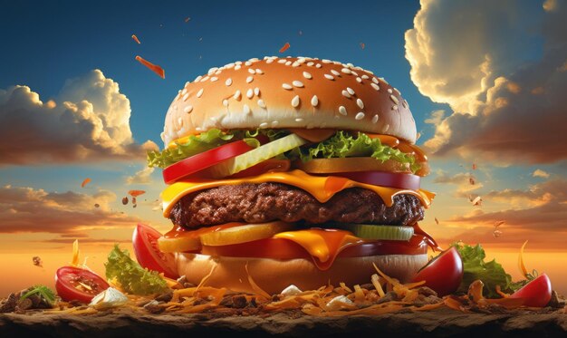 Hamburger Werbung Hintergrund für soziale Medien Post Fastfood Grilled Tasty Burger Generative Ai