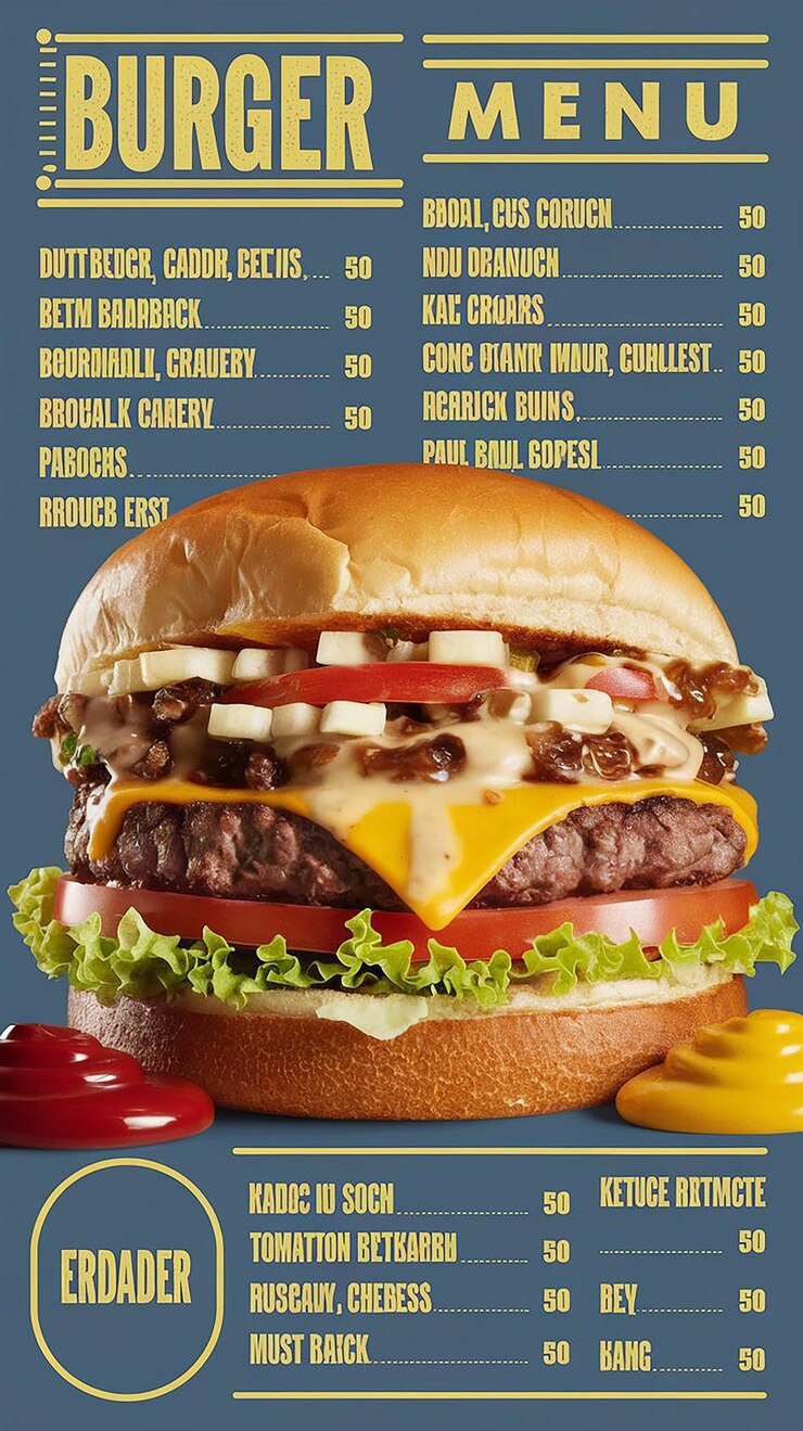 Foto hambúrguer bar menu template a4 layout com hambúrgueres envolve batatas fritas e bebidas