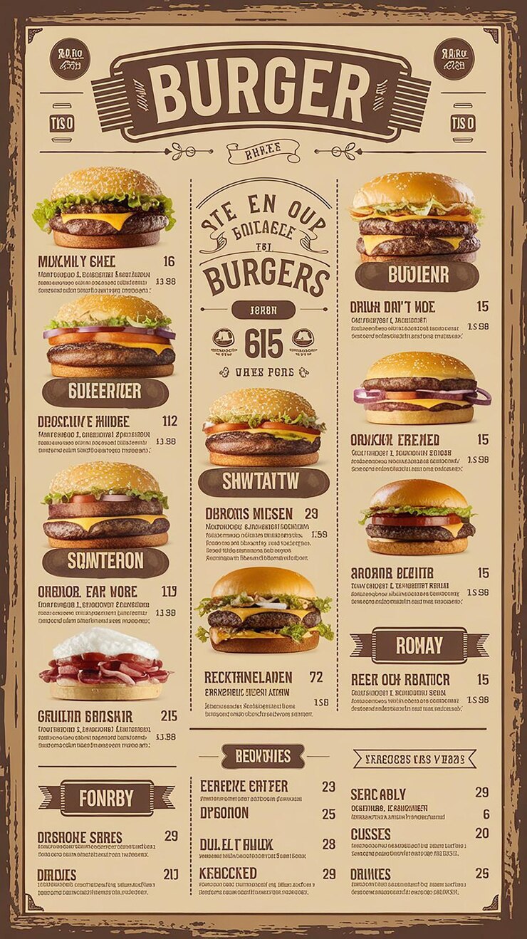 Foto hambúrguer bar menu template a4 layout com hambúrgueres envolve batatas fritas e bebidas