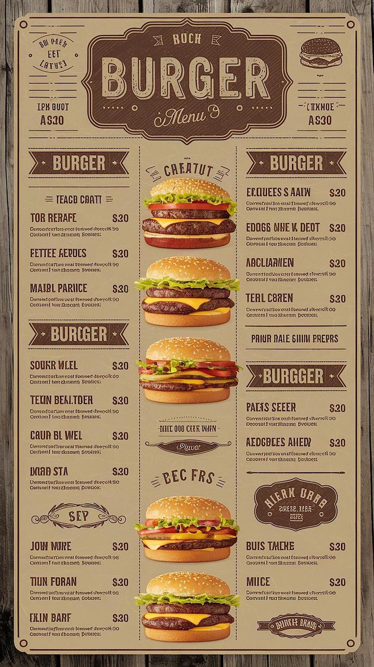 Foto hambúrguer bar menu template a4 layout com hambúrgueres envolve batatas fritas e bebidas
